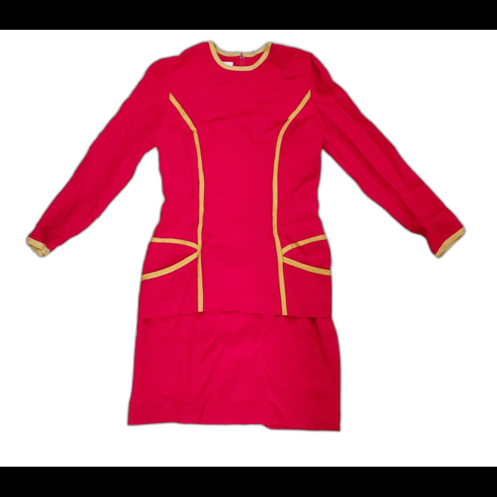 VTG Elizabeth Simon Dress Women 8 Red Braid Gold Trim Wool Blend 80s EUC